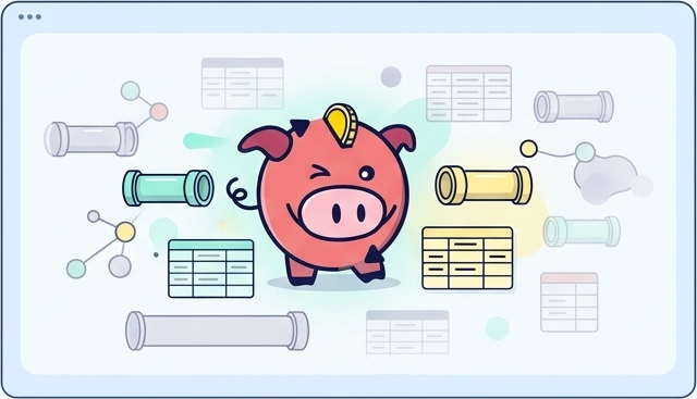 he primary visual is the Seemore-style piggy bank character (defined as "playful intelligence" ), looking intelligent and insightful. The pig is interacting with a field of floating data objects. Objects located nearest the character are vividly illuminated, clear, and bright—representing monitored pipelines working —using foreground clarity colors of #88F4DB (mint) and #FFF0A2 (yellow). Further data objects are faint, semi-transparent, and "ghosted," subtly hidden or faded against the low-opacity navy and #F7FBFC background. This visual metaphor symbolizes missing crucial aspects like cost, usage, and waste.