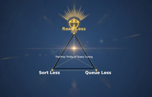 Visual representation of Snowflake query tuning’s Holy Trinity: Read Less, Sort Less, Queue Less. Snowflake logo centered within a glowing triangle