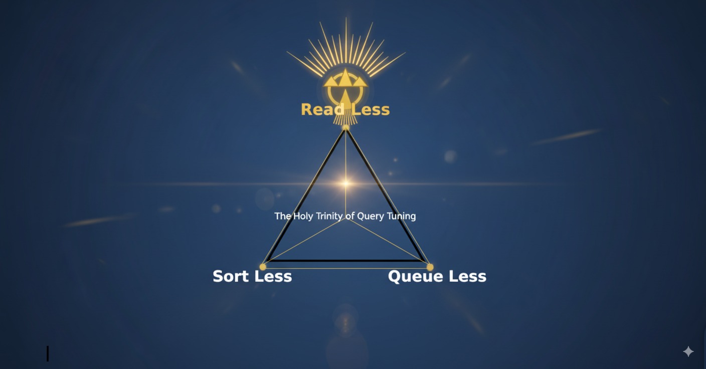 Visual representation of Snowflake query tuning’s Holy Trinity: Read Less, Sort Less, Queue Less. Snowflake logo centered within a glowing triangle