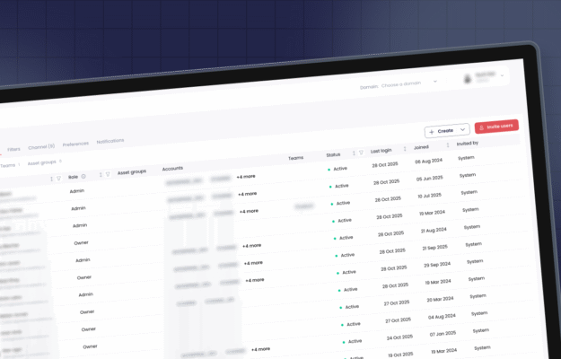 Dashboard view of Seemore Data’s Role-Based Access Control (RBAC) settings showing a list of users, roles, teams, and access status within the platform’s interface.