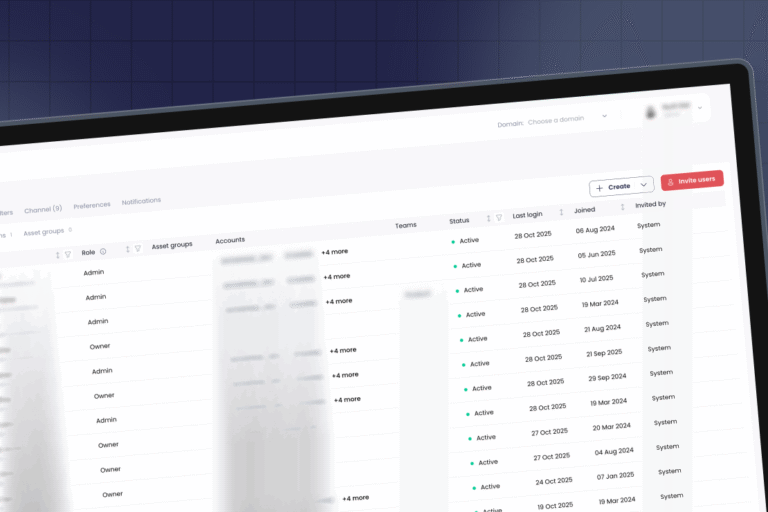 Dashboard view of Seemore Data’s Role-Based Access Control (RBAC) settings showing a list of users, roles, teams, and access status within the platform’s interface.