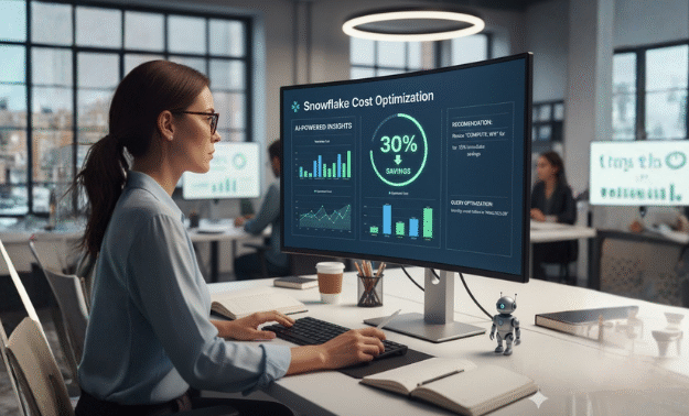 horizontal scene of a data engineer analyzing a Snowflake cost dashboard on a large, glowing monitor. The dashboard shows clear AI-generated insights and a bold “30% savings” indicator in green. Subtle cloud and data flow graphics symbolize the Snowflake platform, with AI visual elements (neural lines or holographic overlays) helping interpret the data. Modern office or digital workspace lighting, cool blue-white color palette, tech-savvy and optimistic mood. (16:9)