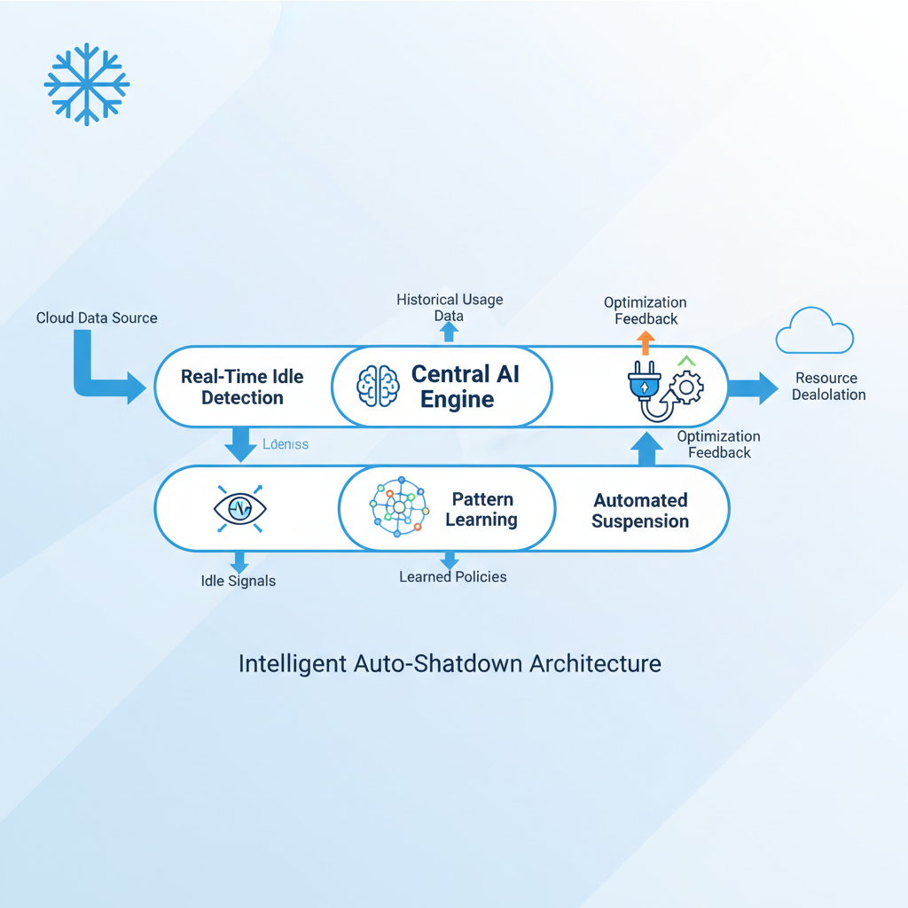 Diagram illustrating the Intelligent Auto-Shutdown Architecture for Snowflake warehouse optimization. It shows data flowing from a cloud data source into Real-Time Idle Detection, processed by a Central AI Engine that uses Historical Usage Data and provides Optimization Feedback. The system includes Pattern Learning that creates Learned Policies and drives Automated Suspension, resulting in Resource Deallocation to reduce idle compute costs.