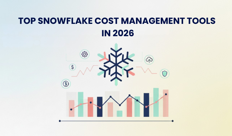 Clean blog header image with the title “Top Snowflake Cost Management Tools – 2026.” A central Snowflake-style icon is surrounded by minimal line icons representing cost, settings, performance, and security. Below, a simple bar and line chart visualizes cost trends. The design uses Seemore’s brand colors on a soft gradient background,