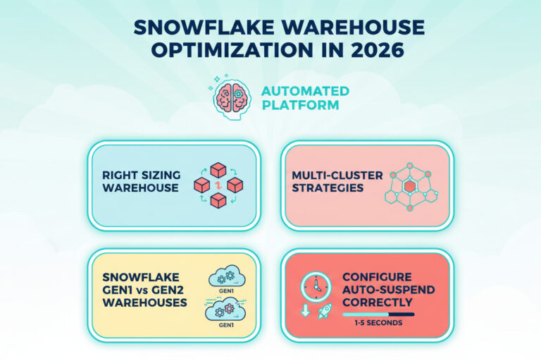 An infographic titled 'Snowflake Warehouse Optimization in 2026' highlighting four key strategies: Right Sizing, Multi-Cluster Strategies, Gen1 vs Gen2 Warehouses, and Auto-Suspend configuration, all part of an Automated Platform.
