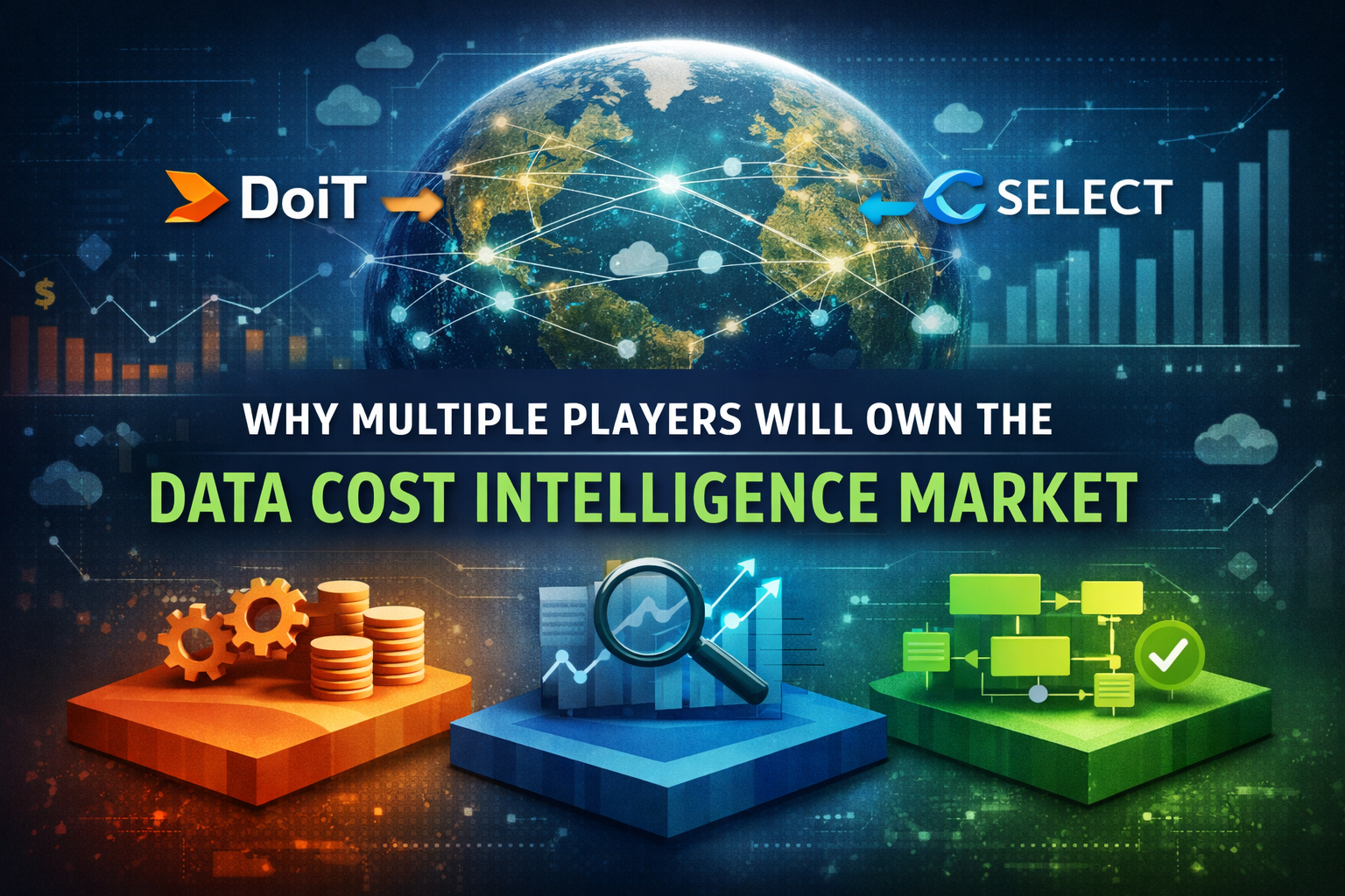 Illustration showing a global cloud data ecosystem with DoiT and SELECT connected at the top, and multiple cost intelligence layers below—representing how different players share the data cost optimization market.