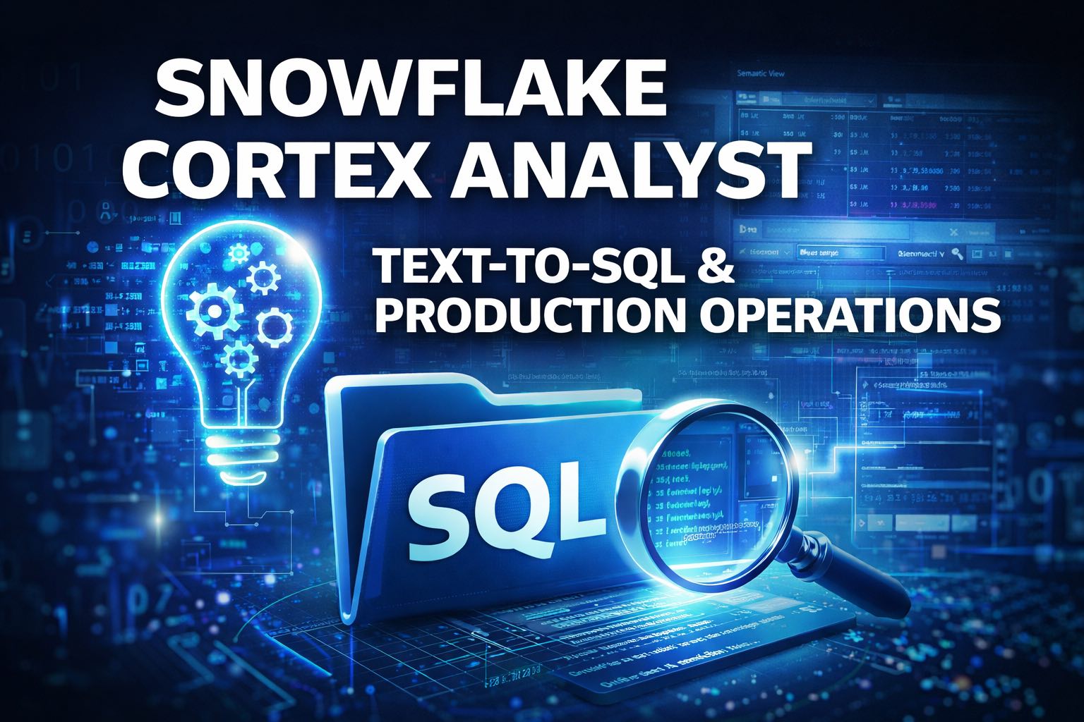 Thumbnail for a blog post about Snowflake Cortex Analyst, featuring bold title text, a glowing SQL folder, a magnifying glass, and blue data-themed graphics representing text-to-SQL and production monitoring.