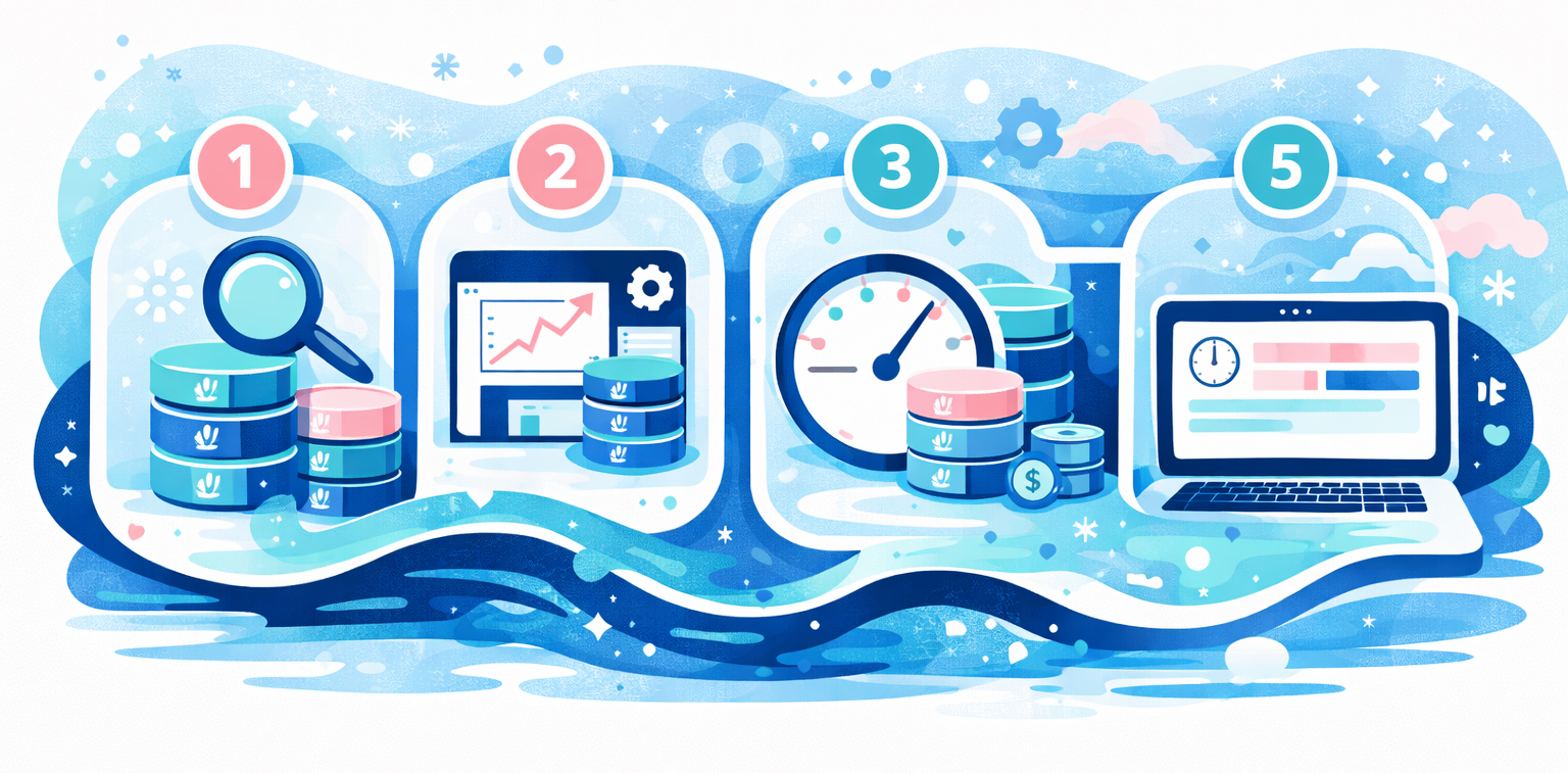 Step-by-step workflow showing how to analyze, identify, and optimize Snowflake queries for compute cost efficiency using five stages
