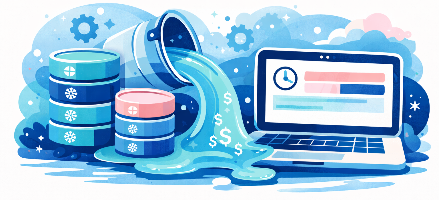Illustration of data spillage from storage to laptop representing Snowflake query slowdown caused by memory overflow and remote spillage