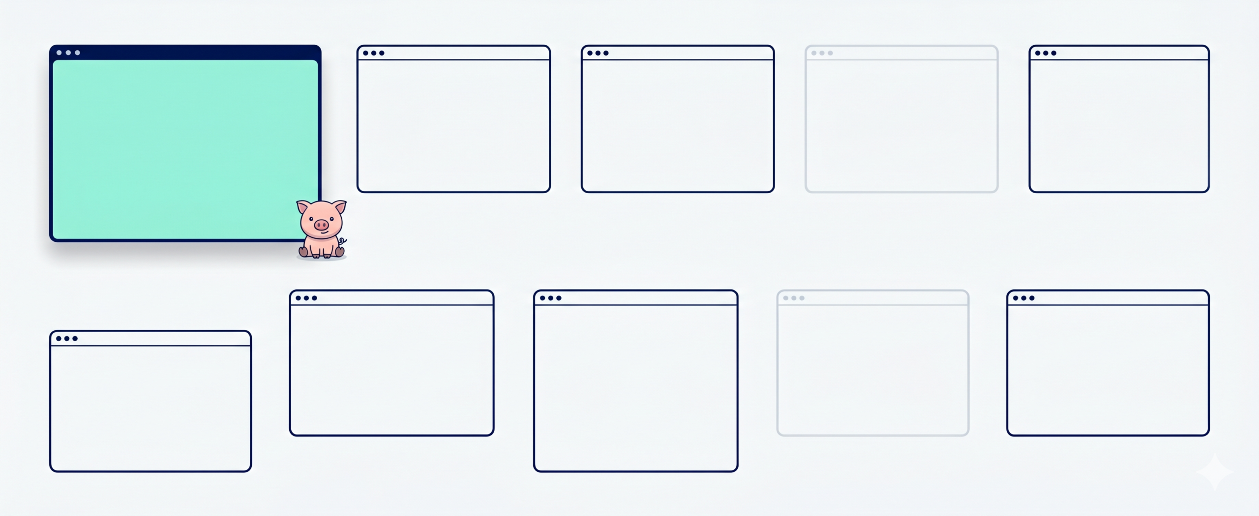 A minimalist brand composition showing ten browser-framed windows arranged in two rows on an off-white background. The first window, representing Seemore, is larger than the others, has a dark navy outline, and is filled with a solid mint green color. To its right, a small, simple pink pig mascot sits on the background. The nine competitor windows are smaller, outlined only in navy, and empty.