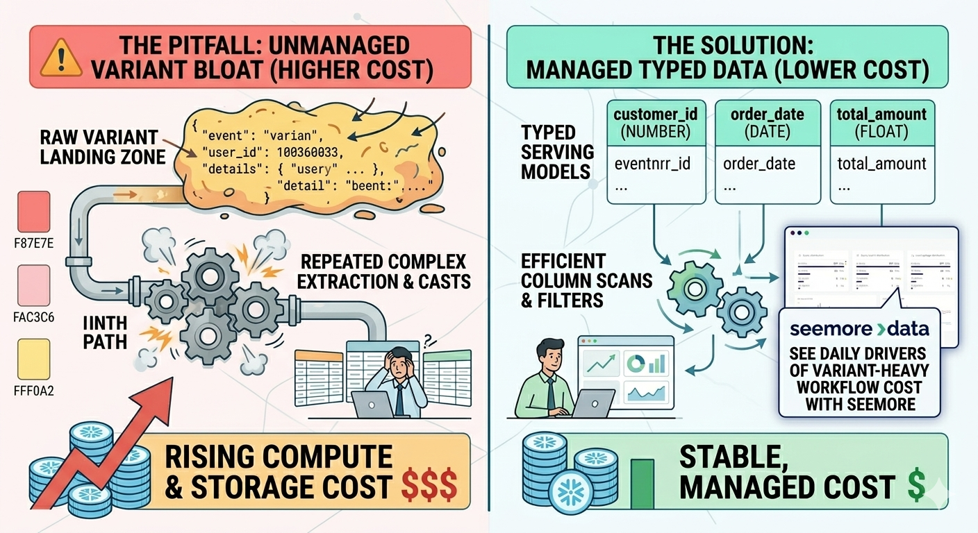 Comparison infographic showing the high cost of unmanaged VARIANT bloat versus the efficiency of managed typed data models.