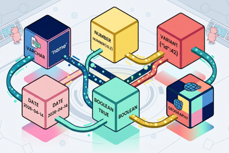 Isometric 3D illustration of Snowflake data types visualized as vibrant, interconnected cubes on a high-tech, futuristic platform. Each cube represents a specific data category—including VARCHAR, NUMBER, VARIANT, DATE, BOOLEAN, and GEOGRAPHY—with data flowing through glowing, translucent pipes that link them together. The scene uses the brand’s signature color palette of Dark Blue, Coral, Teal, and Yellow. In the background, small pink 