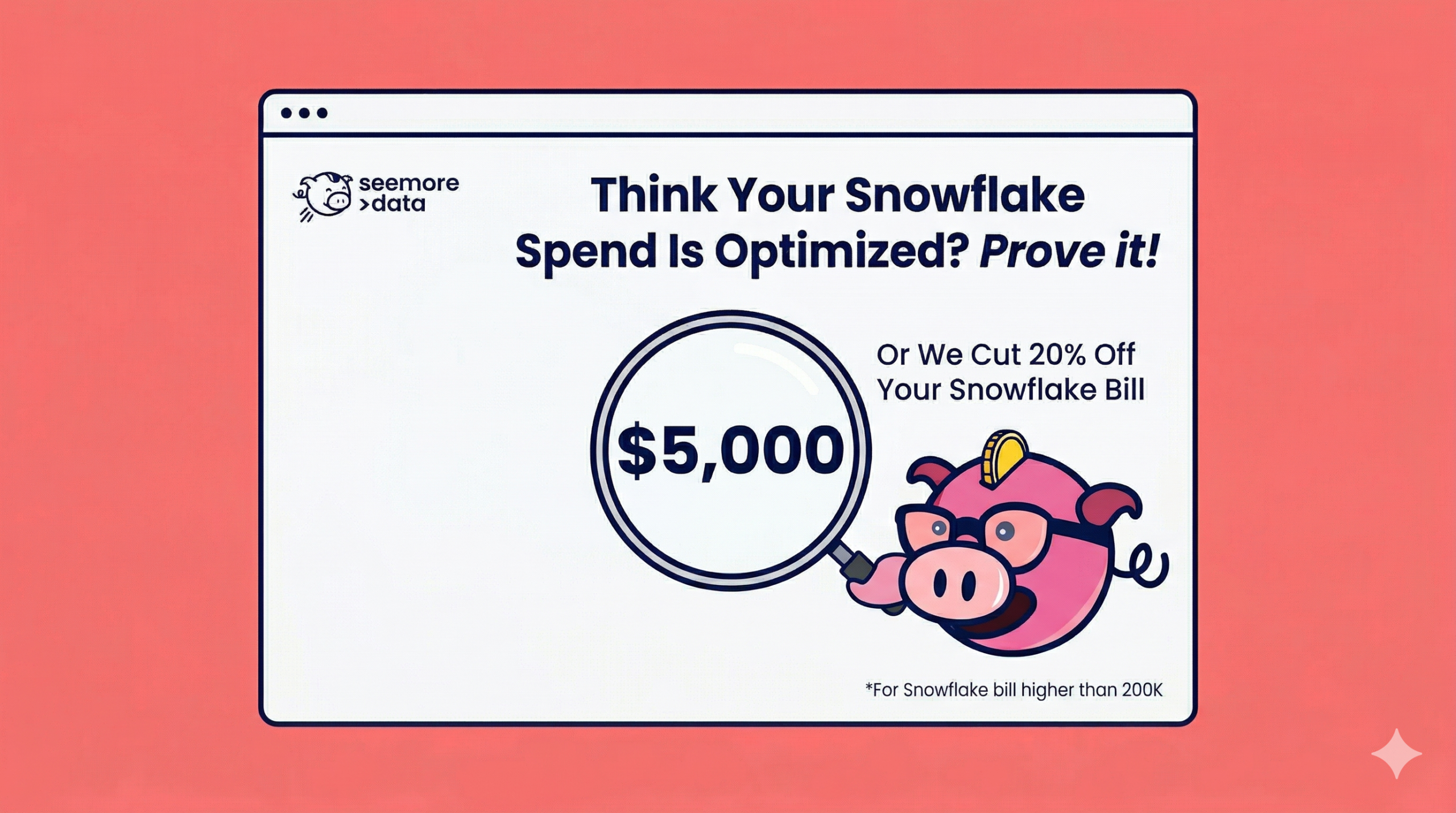 Seemore Data $5,000 challenge blog thumbnail. A coral-colored browser frame displays the text "Think Your Snowflake Spend Is Optimized? Prove it!" with a magnifying glass highlighting a $5,000 prize and the winking piggy bank mascot.