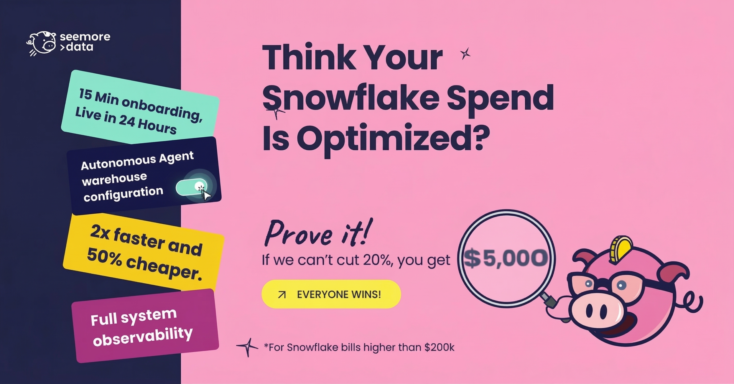 Seemore Data promotional graphic offering $5,000 if they cannot cut Snowflake spend by 20%, featuring the brand's piggy bank mascot.