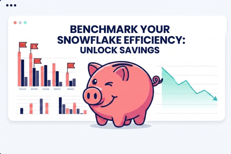 the standalone hero blog thumbnail, presented as a single file on its own canvas. It features a browser-like frame with rounded corners (radius 18), the three window dots at the top left, and a clean background (light off-white #F7FBFC) with a thin navy blue (#001049) outline. At the center is a large, winking, smiling pink piggy bank. On the left side, inside the frame, there is a bar chart visualization of inefficient Snowflake warehouse usage, showing high idle minutes flagged with red alert flags and waste-category colors. On the right side, inside the frame, there is a line graph showing a clear downward trend in estimated cost savings with success-category colors. Prominent text in navy blue (#001049) Poppins font integrated inside the screen frame reads: 