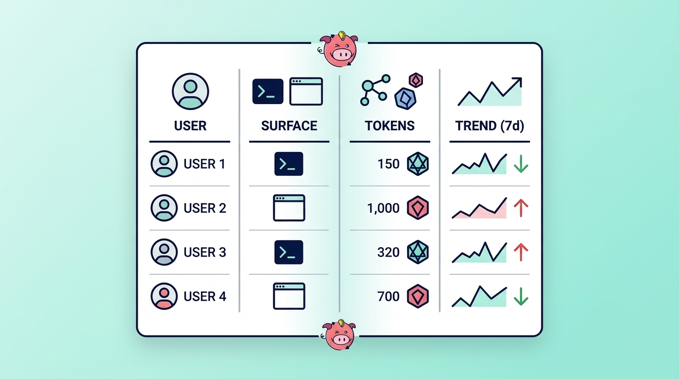 A clean, data-driven dashboard layout with a thin blue outline and rounded corners. The ledger columns show User icons, Surface icons (command line and browser windows), Token counts, and 7-day Trends using Sparkline graphs with green "down" and red "up" arrows. The Seemore pig acts as a decorative element at the top and bottom of the frame.