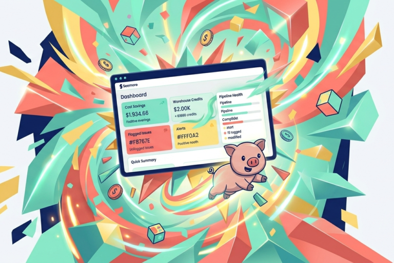 A stylized vector illustration featuring a slightly angled data visualization dashboard within a clean browser frame, set against a continuous off-white background. The dashboard, with 'SEEMORE' branding, displays multiple KPI cards: 'COST SAVINGS: $1.93M' in mint green, 'FLAGGED ISSUES: #F87E7E' in coral, 'WAREHOUSE CREDITS: $2.0K', and 'ALERTS: #FFF0A2' in yellow.