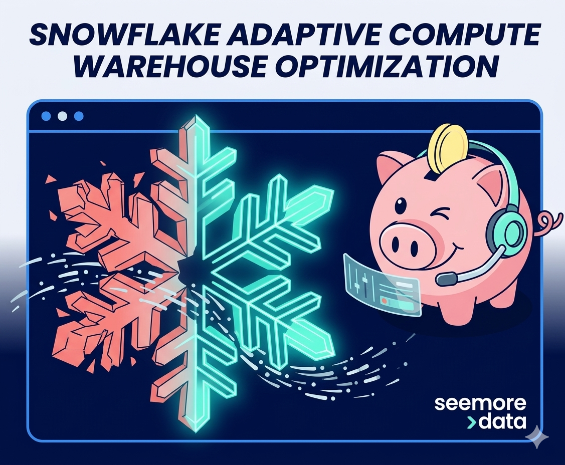 A 3D vector illustration featuring the seemore >data winking pink piggy bank mascot. The pig, wearing a headset and holding a gold coin, is shown reconfiguring a large crystalline snowflake to represent data optimization. The snowflake transitions from a fragmented, unoptimized state in Salmon Pink (#F87E7E) to a sleek, glowing, and efficient geometric state in Teal (#88F4DB).