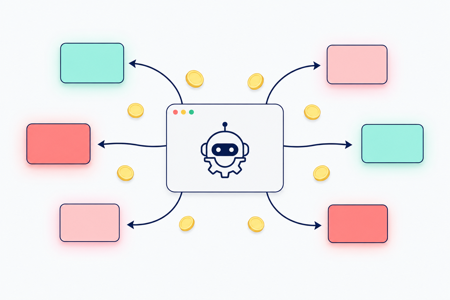 Flat illustration showing a single AI agent card triggering multiple parallel query cards in a fan-out pattern, representing the compute cost blast radius of agentic workloads on Snowflake