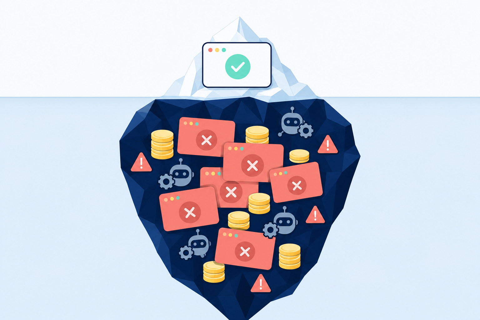 Iceberg illustration showing a small visible success indicator above the waterline and a large hidden mass of AI agent cost failures, warning signals, and runaway compute charges below — representing the monitoring blind spot in agentic data workloads