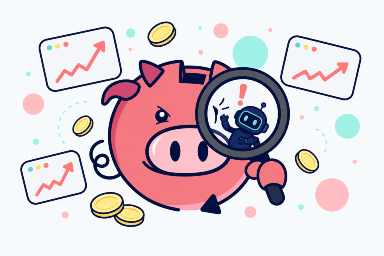 Seemore detective pig mascot using a magnifying glass to investigate a suspicious AI agent robot, representing the hidden compute costs of autonomous agents on a data stack