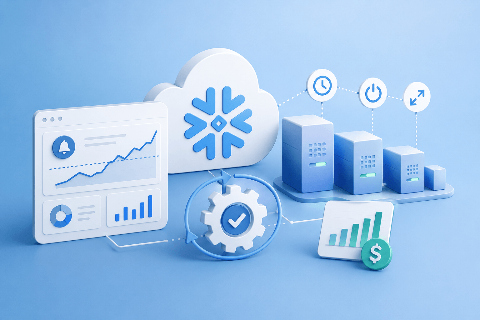 Illustration of a Snowflake cloud linked to warehouses, a cost dashboard with alerts and an automation gear with a savings chart
