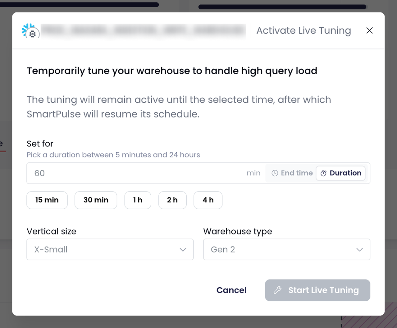 Activate Live Tuning dialog: choose a duration, warehouse size and warehouse type