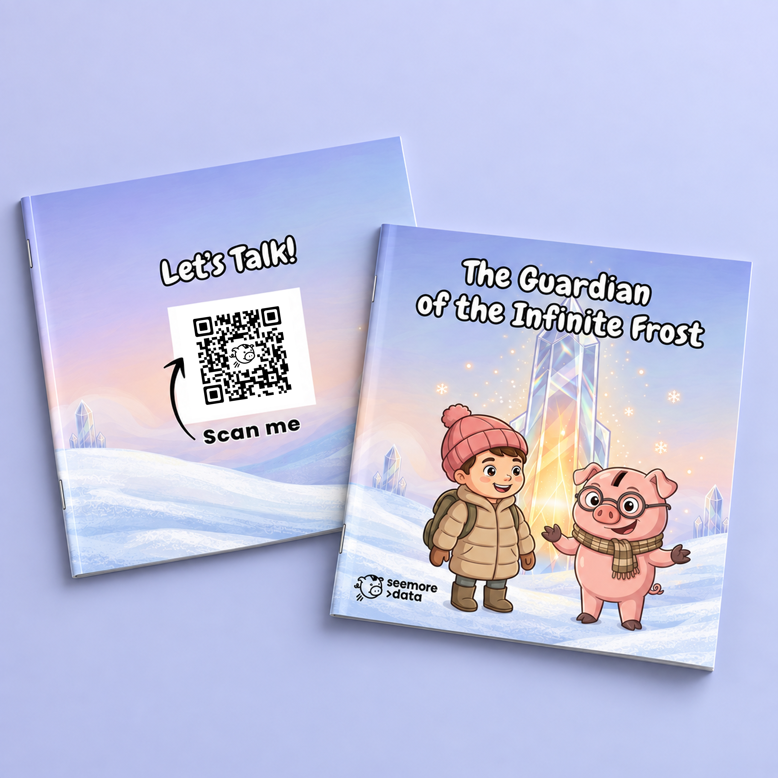 Cover of the Seemore coloring book The Guardian of the Infinite Frost, shown beside a card with a QR code