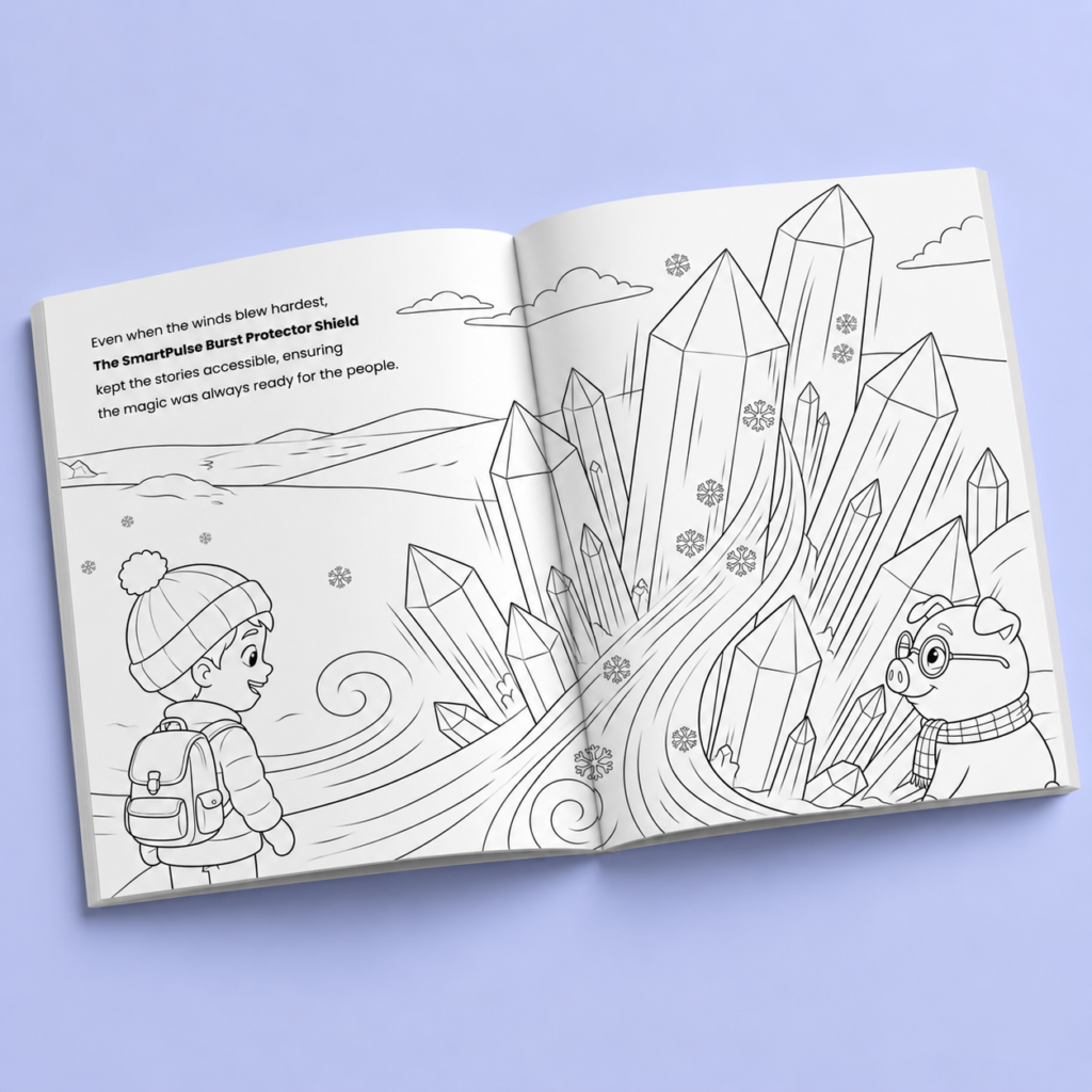 Open spread of the Seemore coloring book showing a character and crystal illustrations to colour in