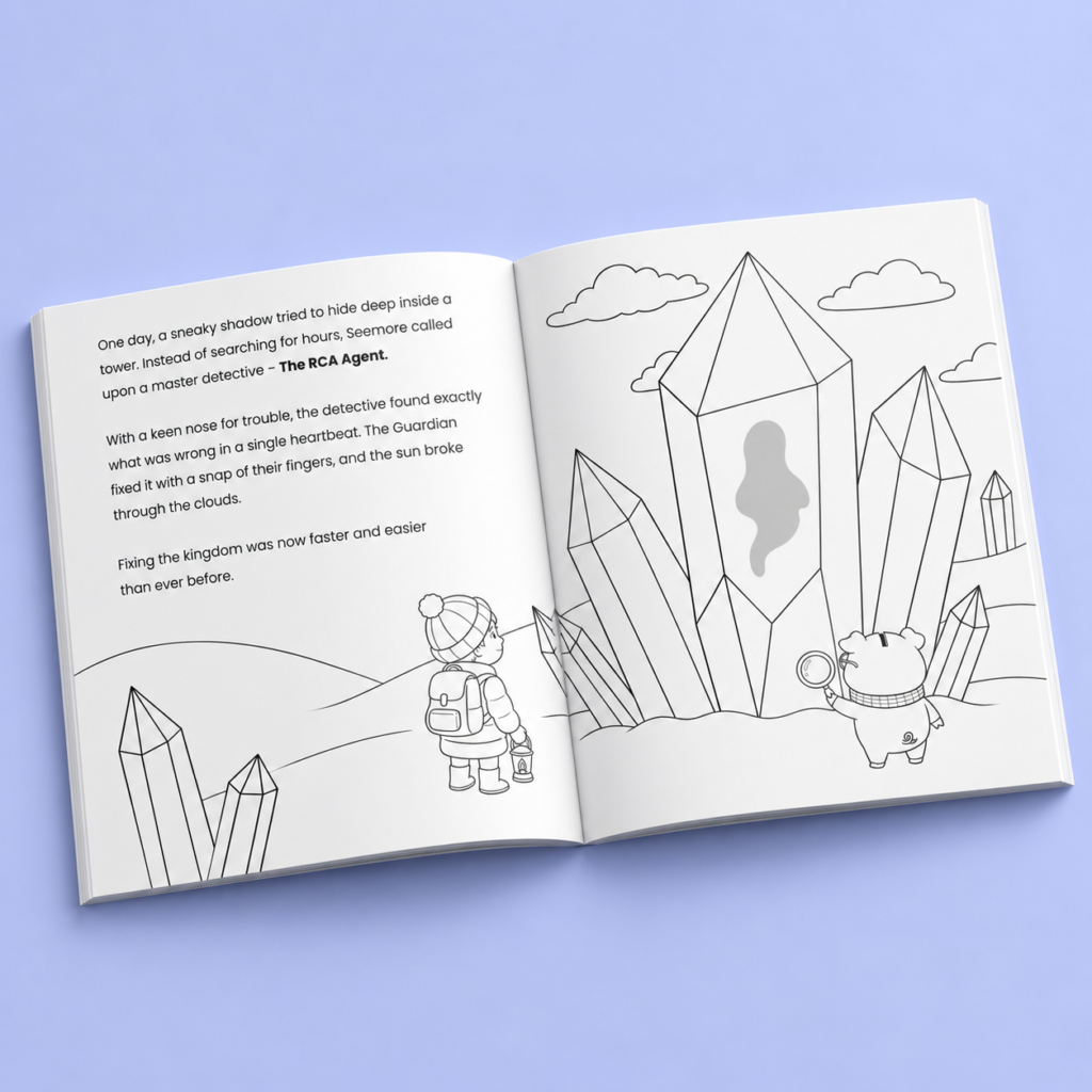 Open spread of the Seemore coloring book telling the story of The RCA Agent