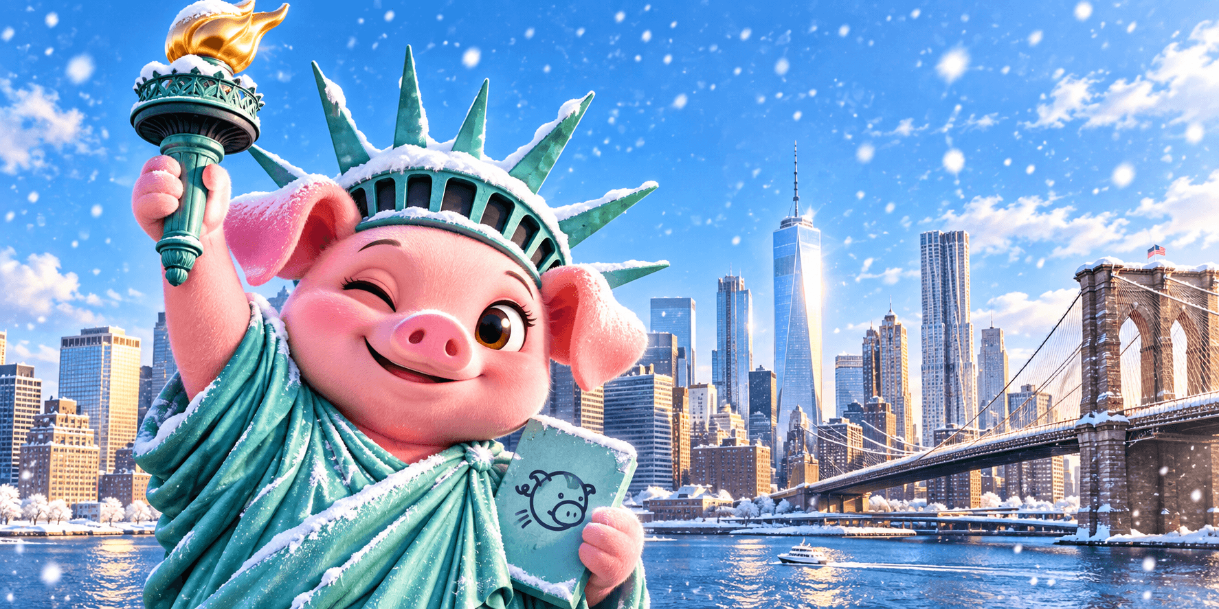 Seemore's pig mascot dressed as the Statue of Liberty in front of the snowy Manhattan skyline and Brooklyn Bridge