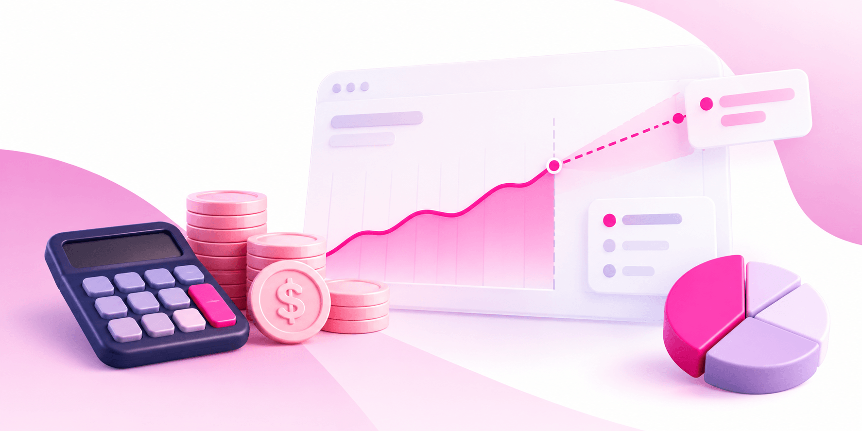 Illustration of a calculator, coins and a rising spend chart with a forward projection
