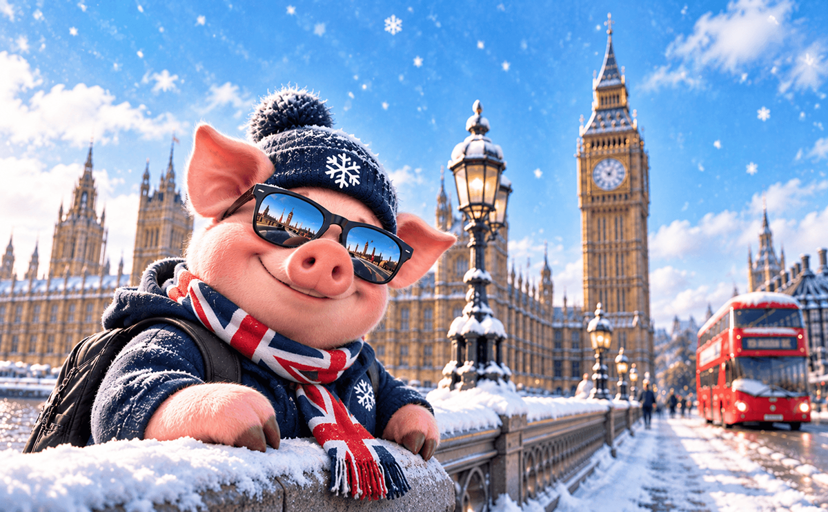 Seemore's pig mascot in a beanie, sunglasses and Union Jack scarf by Big Ben and a red London bus in the snow