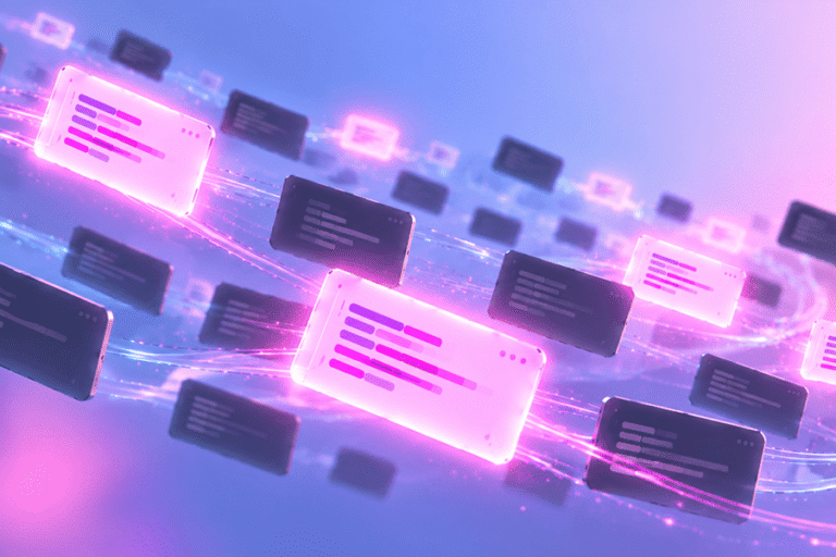 Illustration of glowing data panels linked by flowing pipeline streams, for Seemore Frequency Optimization