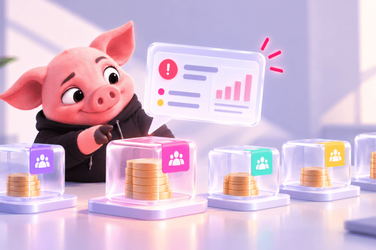 Cartoon pig pointing at a budget alert above stacks of coins, each stack marked for a different team