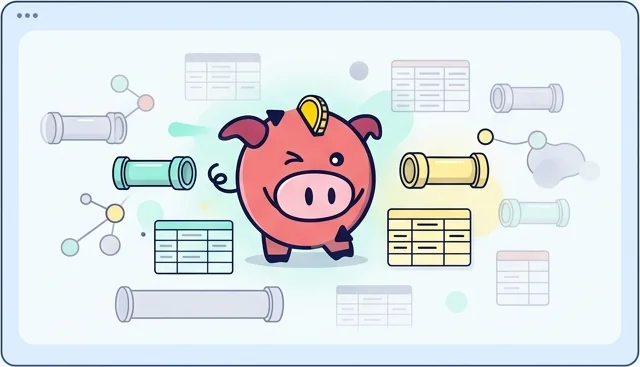 he primary visual is the Seemore-style piggy bank character (defined as "playful intelligence" ), looking intelligent and insightful. The pig is interacting with a field of floating data objects. Objects located nearest the character are vividly illuminated, clear, and bright—representing monitored pipelines working —using foreground clarity colors of #88F4DB (mint) and #FFF0A2 (yellow). Further data objects are faint, semi-transparent, and "ghosted," subtly hidden or faded against the low-opacity navy and #F7FBFC background. This visual metaphor symbolizes missing crucial aspects like cost, usage, and waste.