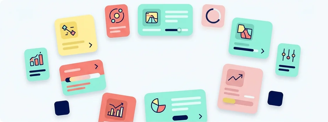 An extensive, edge-to-edge landscape illustration visualizing an "ecosystem" of many simultaneous data pipeline monitoring tools (conceptually following ). Multiple distinct, floating rounded-corner cards and blocks are organized in a loose constellation against the soft #F7FBFC light background. This leaves a clear, empty center space, adhering to optimal framing constraints. Each floating object, representing a single tool, utilizes a soft, non-saturated rotating palette of #FFF0A2 (yellow), #F87E7E (coral), #88F4DB (mint), and #FAC3C6 (blush), with subtle navy accents. The objects contain highly simplified, abstract representations of UI screenshots, dashboards, icons, comparison tables, and arrows, ensuring organized complexity rather than chaos. The overall mood is exciting and interesting.