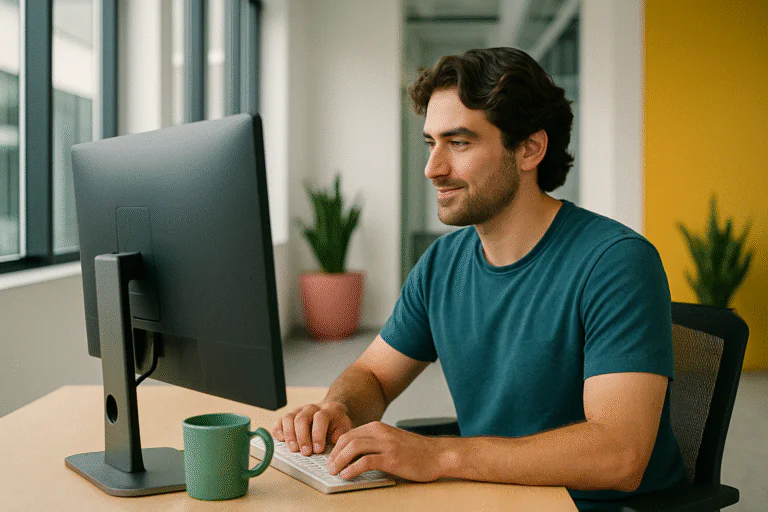 Person smiling while working at a desktop computer in a bright modern office