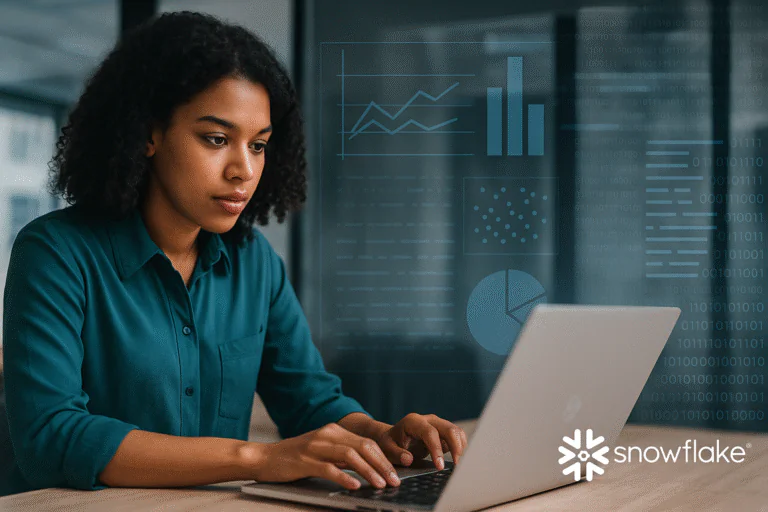 Person analyzing charts on a laptop beside the Snowflake logo
