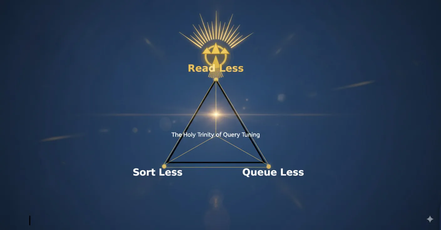 Visual representation of Snowflake query tuning’s Holy Trinity: Read Less, Sort Less, Queue Less. Snowflake logo centered within a glowing triangle