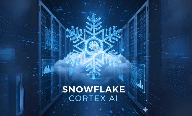 Visual representation of Snowflake Cortex AI with a glowing snowflake symbol over cloud servers, highlighting AI and data processing infrastructure