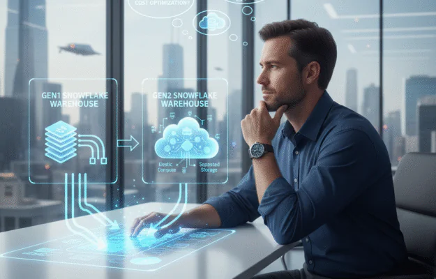 A data engineer, sitting in a modern high-rise office with a city skyline visible through large windows, is deep in thought. In front of him, a holographic interface displays a comparison between Gen1 and Gen2 Snowflake Warehouses. On the left, Gen1 Snowflake Warehouse is represented by stacked layers, implying its older architecture. On the right, Gen2 Snowflake Warehouse is shown with a cloud icon labeled with key features like 