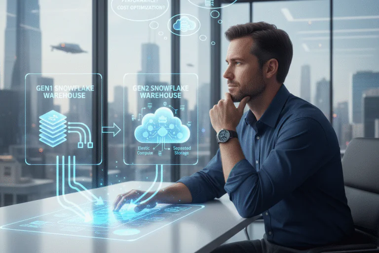 A data engineer, sitting in a modern high-rise office with a city skyline visible through large windows, is deep in thought. In front of him, a holographic interface displays a comparison between Gen1 and Gen2 Snowflake Warehouses. On the left, Gen1 Snowflake Warehouse is represented by stacked layers, implying its older architecture. On the right, Gen2 Snowflake Warehouse is shown with a cloud icon labeled with key features like "Elastic Compute" and "Separated Storage", highlighting its modern, optimized design. Thought bubbles float above the engineer's head, showing his internal deliberation on key factors: "Performance? Cost Optimization?" The image captures the moment of decision-making regarding the upgrade and modernization of a data platform.
