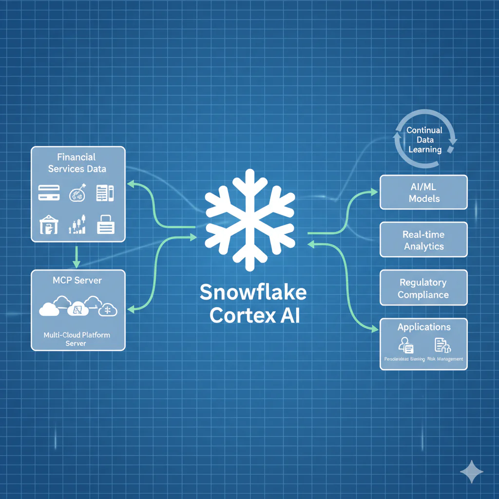 Diagram showing Snowflake Cortex AI architecture connecting financial services data via MCP Server