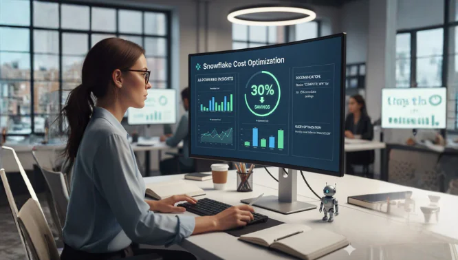 horizontal scene of a data engineer analyzing a Snowflake cost dashboard on a large, glowing monitor. The dashboard shows clear AI-generated insights and a bold “30% savings” indicator in green. Subtle cloud and data flow graphics symbolize the Snowflake platform, with AI visual elements (neural lines or holographic overlays) helping interpret the data. Modern office or digital workspace lighting, cool blue-white color palette, tech-savvy and optimistic mood. (16:9)