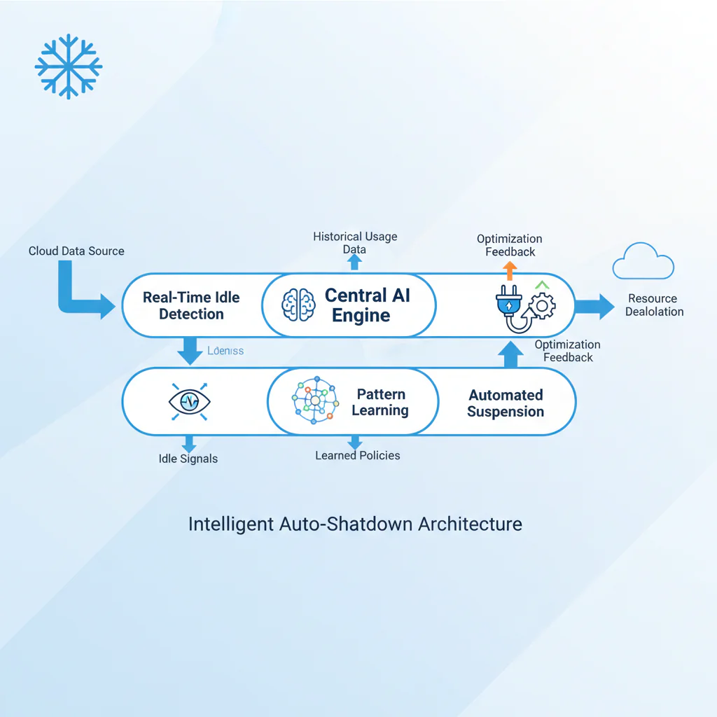 Diagram illustrating the Intelligent Auto-Shutdown Architecture for Snowflake warehouse optimization. It shows data flowing from a cloud data source into Real-Time Idle Detection, processed by a Central AI Engine that uses Historical Usage Data and provides Optimization Feedback. The system includes Pattern Learning that creates Learned Policies and drives Automated Suspension, resulting in Resource Deallocation to reduce idle compute costs.