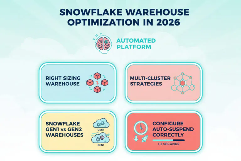 An infographic titled 'Snowflake Warehouse Optimization in 2026' highlighting four key strategies: Right Sizing, Multi-Cluster Strategies, Gen1 vs Gen2 Warehouses, and Auto-Suspend configuration, all part of an Automated Platform.