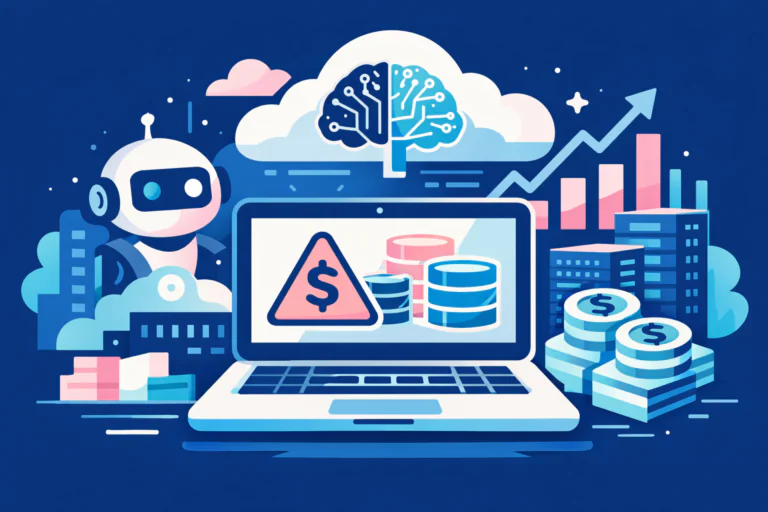 Vertical Scaling Snowflake illustration showing AI-driven warehouse optimization, rising costs, and performance monitoring on cloud data infrastructure