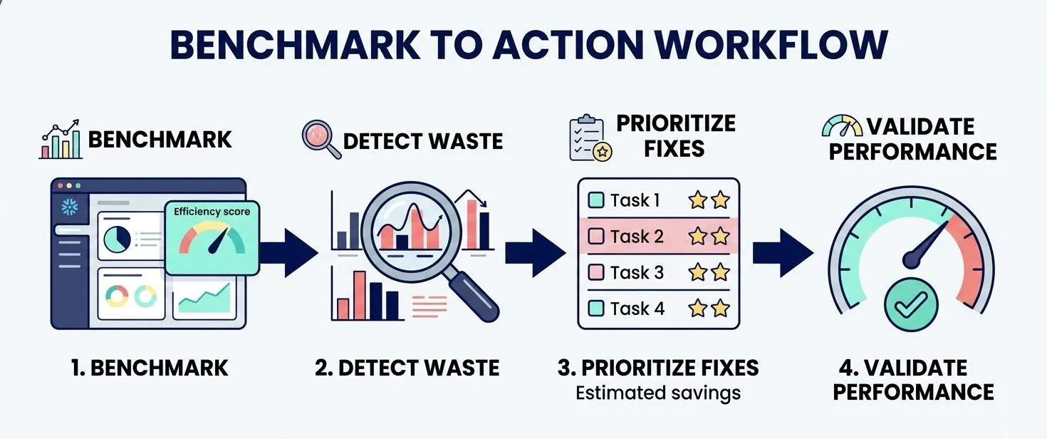 process graphic illustrating a workflow that moves from establishing a benchmark to detecting waste, followed by prioritizing fixes, and finally validating performance