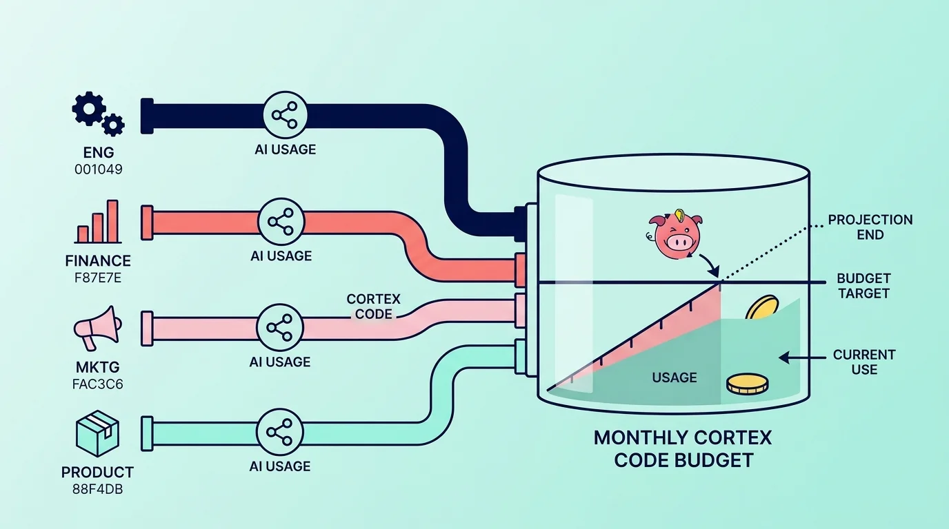 A conceptual diagram showing four colorful pipes labeled Eng, Finance, Mktg, and Product feeding into a central glass reservoir labeled Monthly Cortex Code Budget. Inside the reservoir, the water level indicates Current Use, while a dotted line indicates the Projection End relative to a solid Budget Target line.